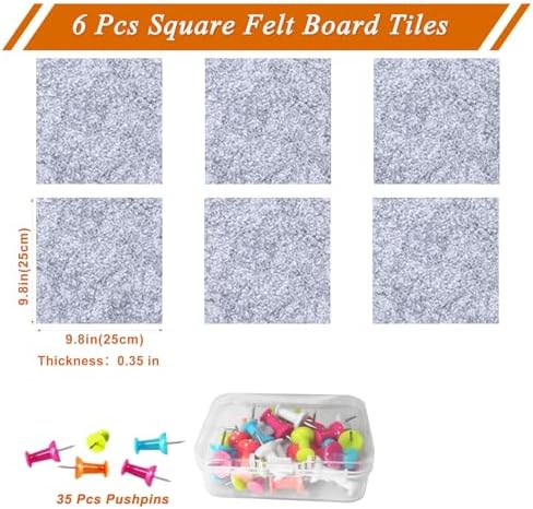 Square Felt Cork Bulletin Board Tiles, Self Adhesive DIY Felt Pin Board for Wall 30" x 20" with 35 Pushpins for Office School Home Wall Decor Stickers Memos Photos Display (Light Grey)