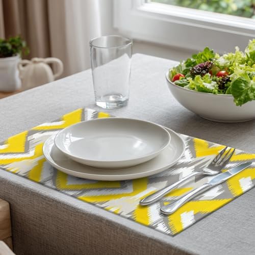 Batmerry Yellow and Gray Retro Ikat Pattern Linen Placemats Set of 8, Geometric Washable Table Mats for Kitchen Table Thickened Heat Insulation Dining Set Indoor Outdoor 12X18 in