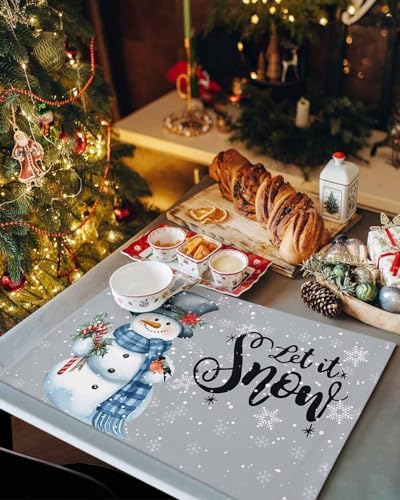 Snowman Christmas Placemats Set of 6, Let It Snow Winter Holiday Heat Resistant Washable Table Place Mats Grey White Cotton Table Linens Party Holiday Decor for Kitchen Dining Outdoor Indoor