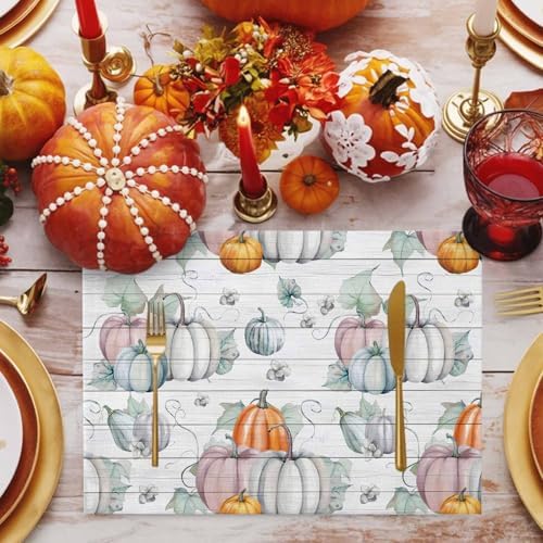 Watercolor Fall Pumpkins Thanksgiving Placemats Set of 4, Harvest Farm Grey Vintage Wood Cotton Linen Stain Resistant Table Mats Washable Placemat Decoration For Kitchen Dining Table