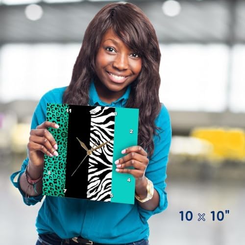 3dRose DPP_35444_1 Aqua Blue Black and White Animal Print Leopard and Zebra Wall Clock, 10 by 10-Inch
