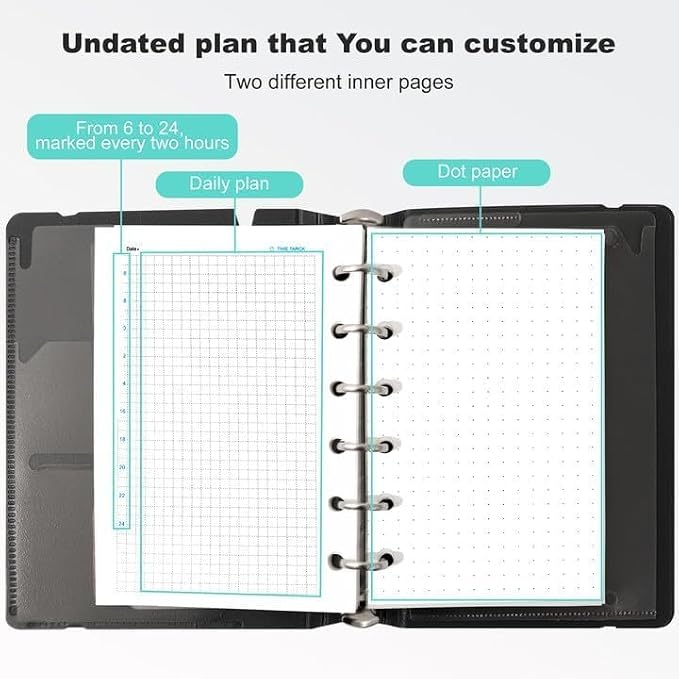 CAGIE 2 Pack A5 & A7 Binder 6 Ring Refillable Notebook, Dividers & Pockets | Daily Hourly Planning Square Ruled and Dotted Pages, Refill Paper Included (Grey, A7 Hourly & A5 Daily)
