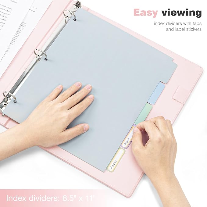 Ospelelf 3 Ring Binder with Clipboard 2 Inch Leather Binder for Letter Size (8.5" x 11"), Clipboard Binder with 5 Tab Dividers Back to School Supply, Pink