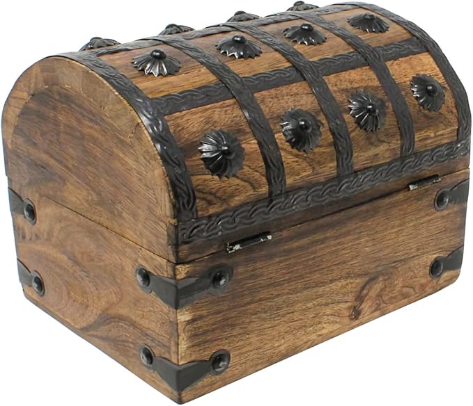 Nautical Cove Treasure Chest Keepsake and Decorative Wood Box (Large 8x6x6) - Storage Box, Wooden Box with Hinged Lid, Rustic Storage, Pirate Storage Box, Vintage Wooden Chest