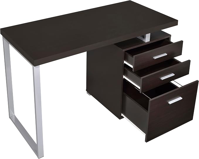 Coaster Home Furnishings Brennan Modern Contemporary Home Office 3-Drawer Writing Desk with Drawers Computer Desk Study Table File Cabinet Storage Silver Metal Frame Cappuccino Brown 800519