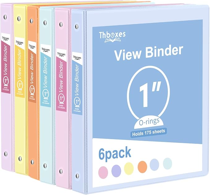 3 Ring Binder - 6 Pack, 1 Inch Binder with 2 Interior Pockets & Clear View Overlay, Large Capacity, Round Ring Binders for Office Supplies, School & Home (6 Colors) | 175 Sheets Paper Capacity, Pastel Binders with 2 Interior Pockets for Office Supplies...