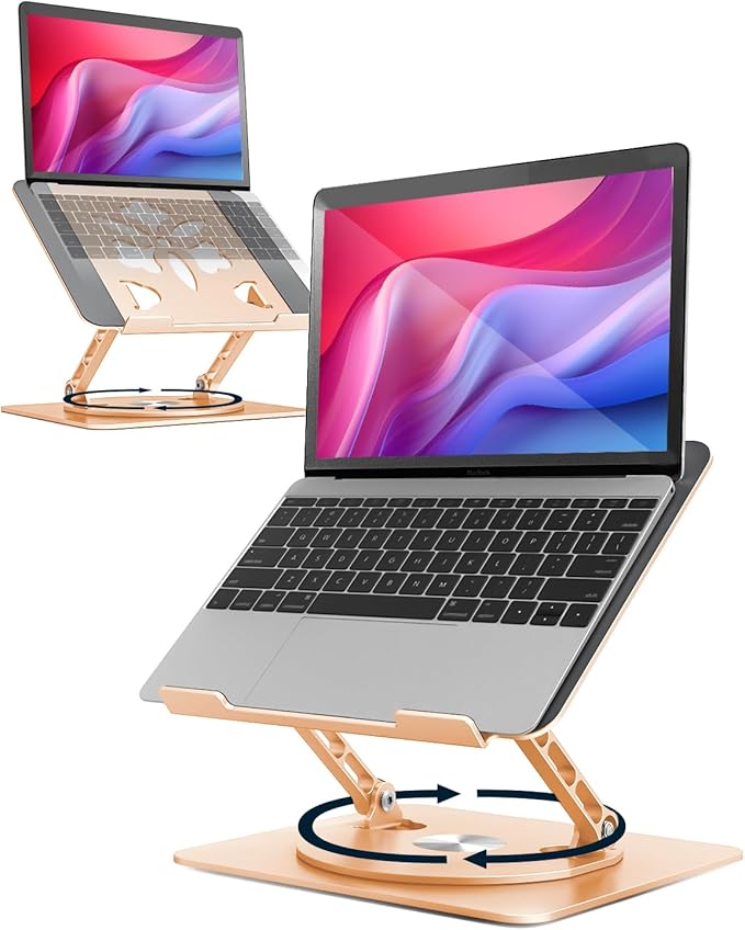 Aoviho 360° Rotating Laptop Stand for Desk | Adjustable, Foldable, Portable Aluminum Ergonomic Riser | Compatible with MacBook, Dell, HP & All Laptops 10-16 inch | Gold