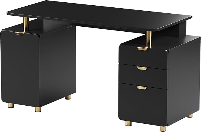 Techni Mobili 57"W Computer Desk w/ 3 Drawers & Storage Cabinet, Black/Gold | Home office workstation, durable construction, everyday productivity, Ideal for home office, Workspace organization