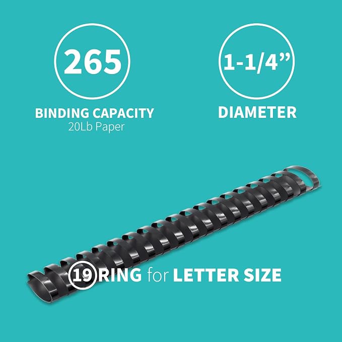 Binditek Plastic Binding Comb Spines, 1-1/4 Inch, 19 Ring, Black, 50 Pack | Plastic Binding Combs, 1-1/4 Inch Diameter, 265 Sheet Capacity, for Letter Size, for Students and Coworkers