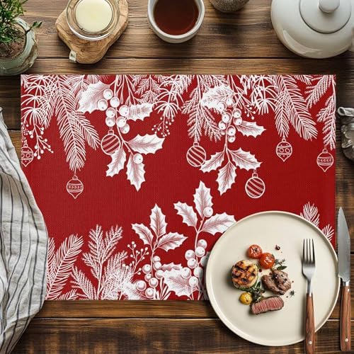 Red Christmas Placemats Set of 6, Floral Pine Leaf Xmas Balls Heat Resistant Washable Table Place Mats White Winter Holidays Cotton Table Linens Party Holiday Decor for Kitchen Dining Outdoor Indoor