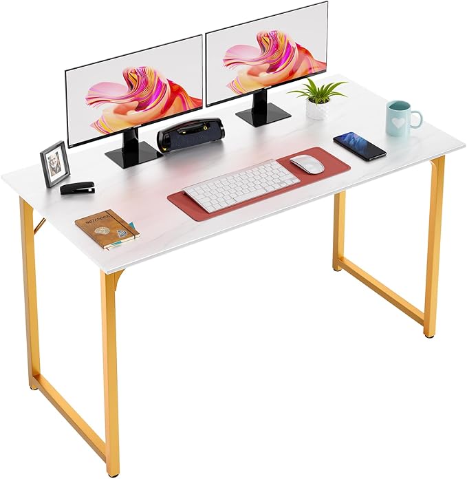 PayLessHere | 47 Inch Computer Desk | White Gold | Sturdy Office Desk | Metal Frame, Adjustable Feet | Water-Resistant, Scratchproof Surface | Writing Table for Home Office or Study | Pack of 1