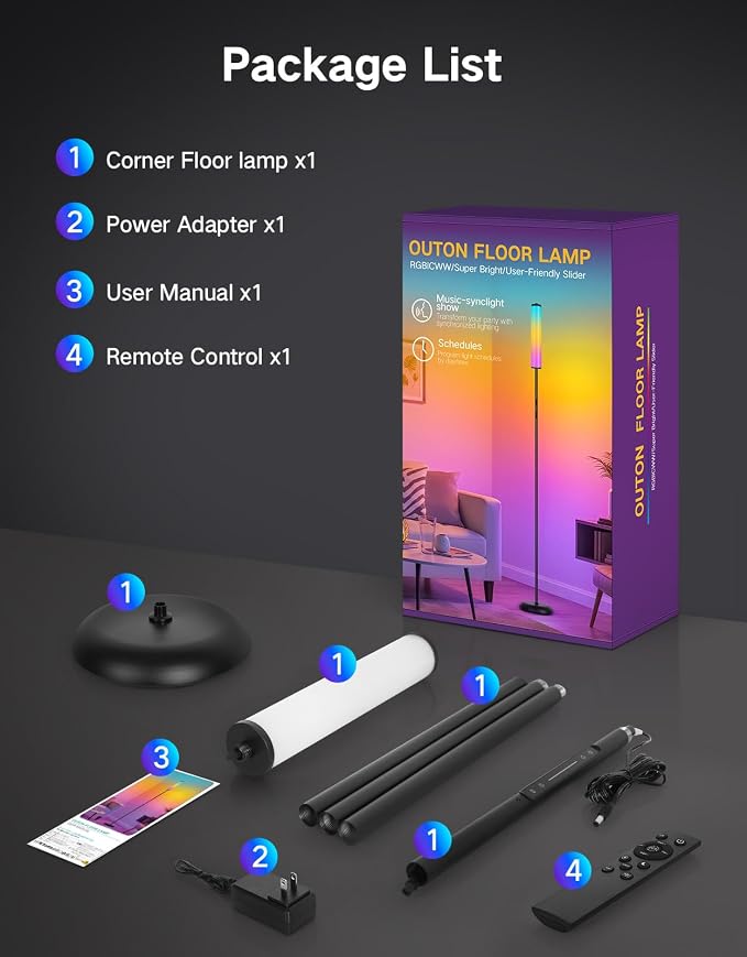 OUTON Bright Smart Floor Lamp with Remote, App & Touch Control, RGB Color Changing Standing Lamp, 2200K-6500K Dimmable, 3 Adjustable Heights, 32 Scenes for Living Room Bedroom Office Black