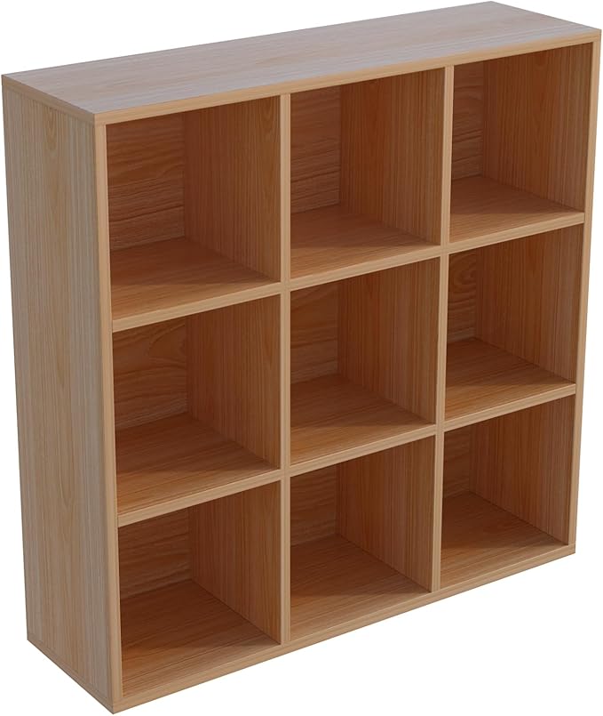 9-Cube Storage Shelf Bookcase, Oak | Wooden 3-Tier Open Bookshelf, Fits 11×11" Bins, Vertical or Horizontal Use, Full Back Panels, For Home Office