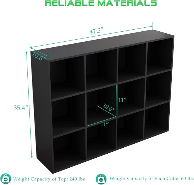 12-Cube Storage Shelf Bookcase, Black | Wooden 3-Tier Open Bookshelf, Fits 11×11" Bins, Vertical or Horizontal Use, Full Back Panels, For Home Office