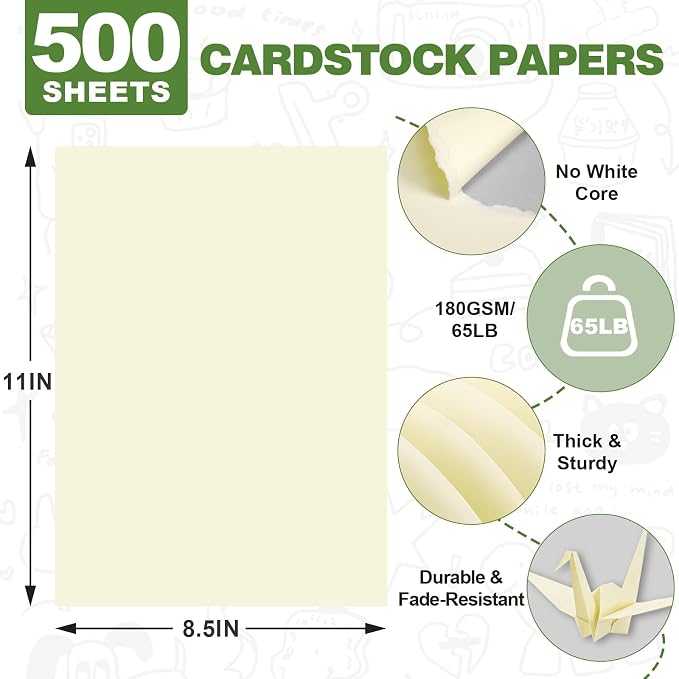 TUXIYA 500 Sheets Cream Cardstock Paper,8.5" X 11" Card Stock 180 GSM/65 LB | Cardstock Printer Paper Construction Paper Cream Card Stock for Art, Invitations, DIY Cards, Watercolor & Craft Projects