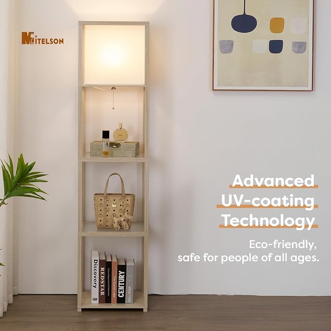 Floor Lamp with Shelves, Modern Standing Lamp with Tempered Glass Shelves, Corner Display Shelf Lamp, Tall Lamps with Shelves for Living Room, Bedroom, Office, Whitewashed Oak