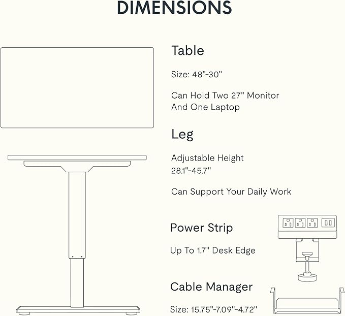 FLEXISPOT EN2 Whole-Piece Standing Desk with Clamp Power Strip, 48 x 30 Electric Stand Up Height Adjustable Desk with Cable Management (Black Frame + 48" White Top, 2 Packages)