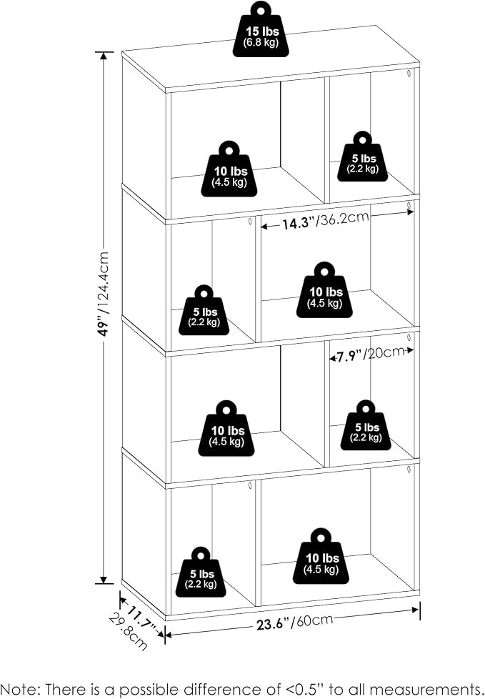 Furinno DALY Book Shelf, 8-Cube Bookshelf, Cube Storage Organizer Bookcase with Irregular Compartments, 11.7 x 23.6 x 49, for Living Room, Bedroom, Home Office, White