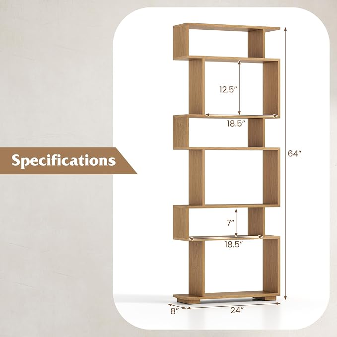 Tangkula 6-Tier S-Shaped Bookshelf, 64" Freestanding Geometric Bookcase, Home Office Wood Storage Shelf with Anti-Toppling Device, Room Divider Display Rack for Study, Living Room (1, Natural)