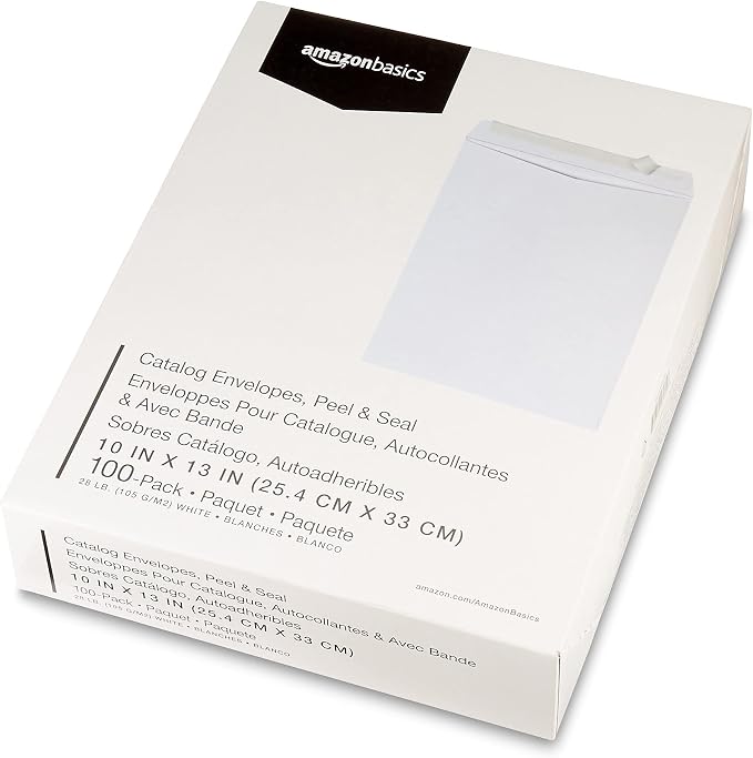 Amazon Basics Catalog Mailing Envelopes, Peel and Seal, 10 x 13 Inch, White, 100-Pack