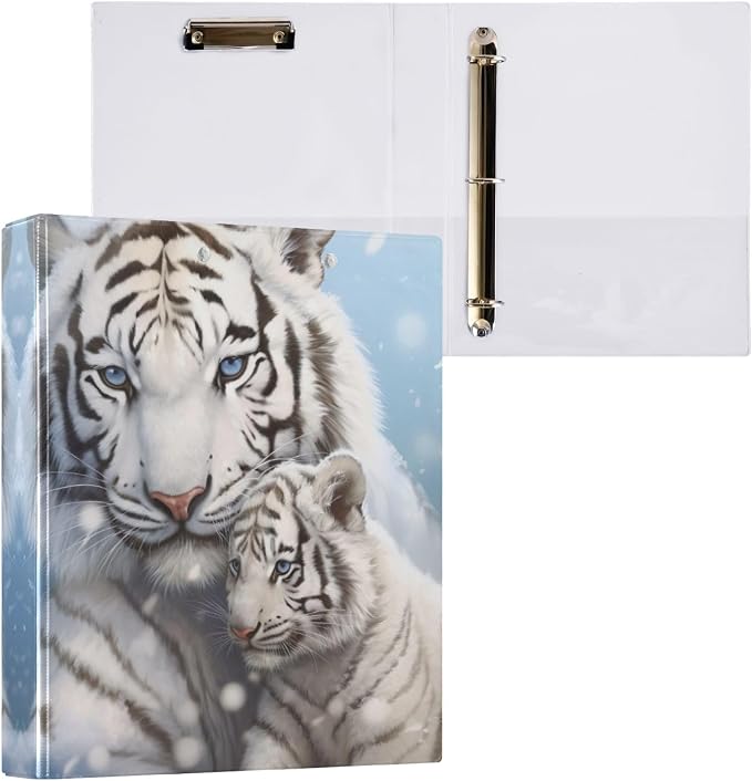 SPRIPORT Cute White Tiger Snow 1.5 Inch 3 Ring Binder Holds 200 Sheets for Office Supplies Durable PVC Round Ring Binder with Interior Clear Pockets Binder Organizer for Home Work Woman Man