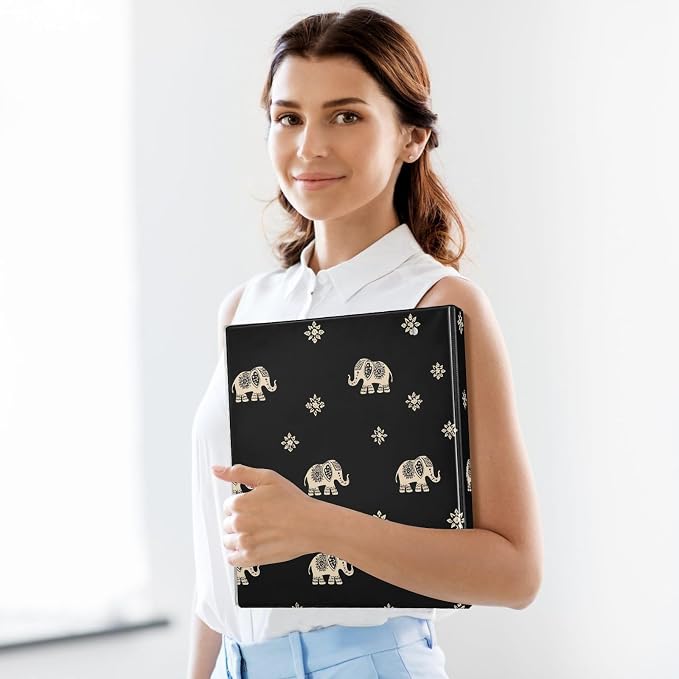 3 Ring Binder Indian Elephant Black 1.5 inch Binders Three Ring Binders with Clipboard Fit 8.5'' x 11'' Paper 3 Interior PVC Clear Pockets for Office Supplies