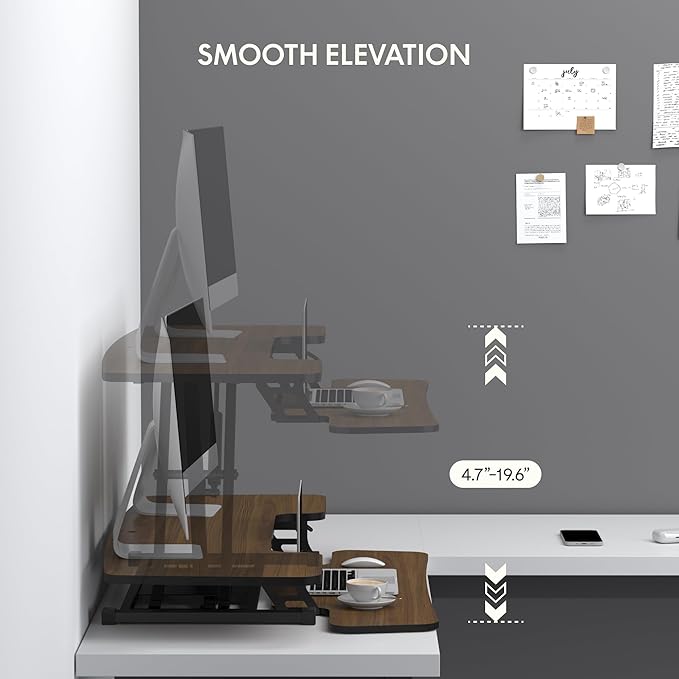 FLXISPOT 42" Standing Desk Converter Sit to Stand up Riser Height Adjustable Monitor and Laptop Workstation with Spacious 2-Tier Desktop, Walnut Color