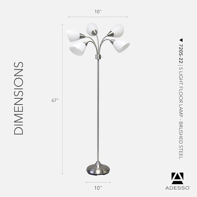 Adesso Floor Lamp with 5 Movable Shades & Adjustable Brightness, Brushed Steel Finish, Silver Perfect Lighting for Bedroom Decor, Beauty & Art Studio