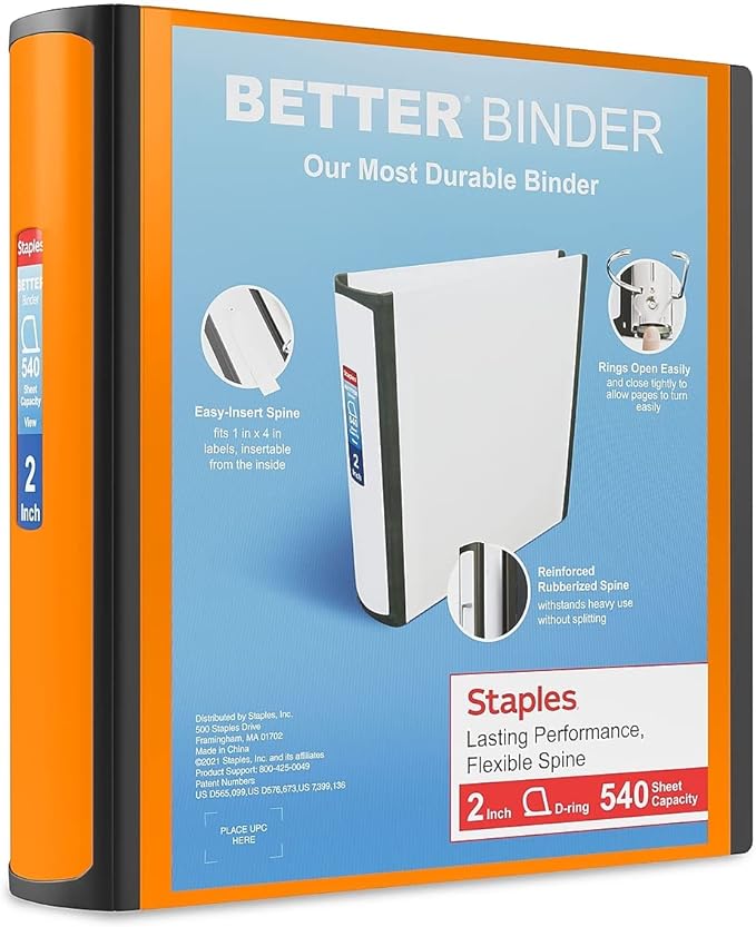 Staples Better Binder, 2 Inch D-Ring, Bright Orange, Reinforced Spine | High-capacity 3-ring binder for durable school and office document storage.