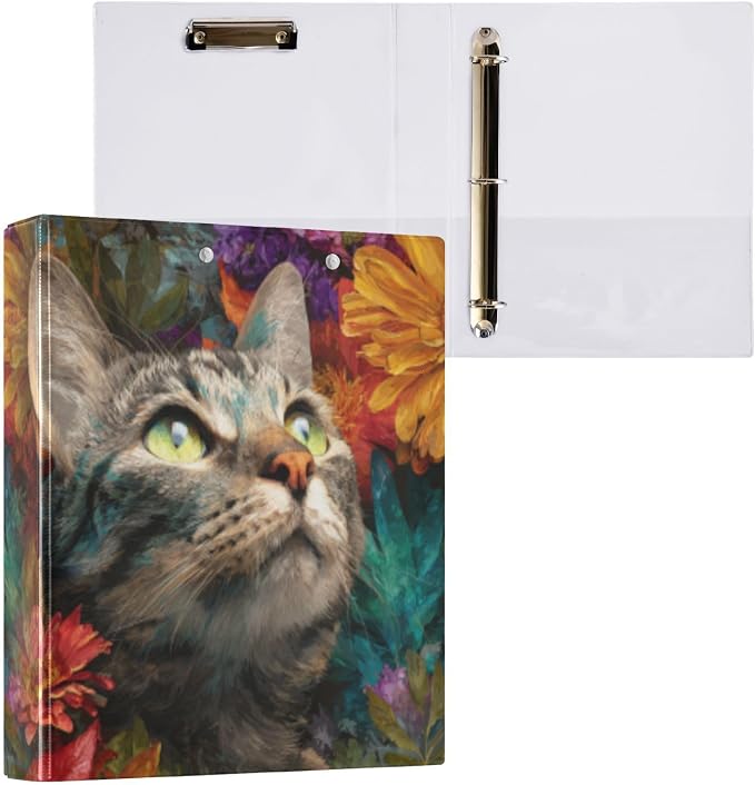 3 Ring Binders 1.5 Inch Clear View Three Ring Binders Versatile Cat in Flower Binder for Work School Office Supply 1 Pack