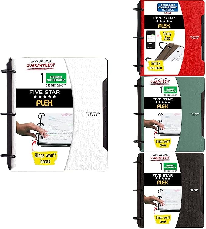 Five Star Bundle : Flex Hybrid NoteBinders 4 Pack, 1 Inch Binders, Notebook and Binder All-in-One, Black, White, Red, & Green (29328AE2)