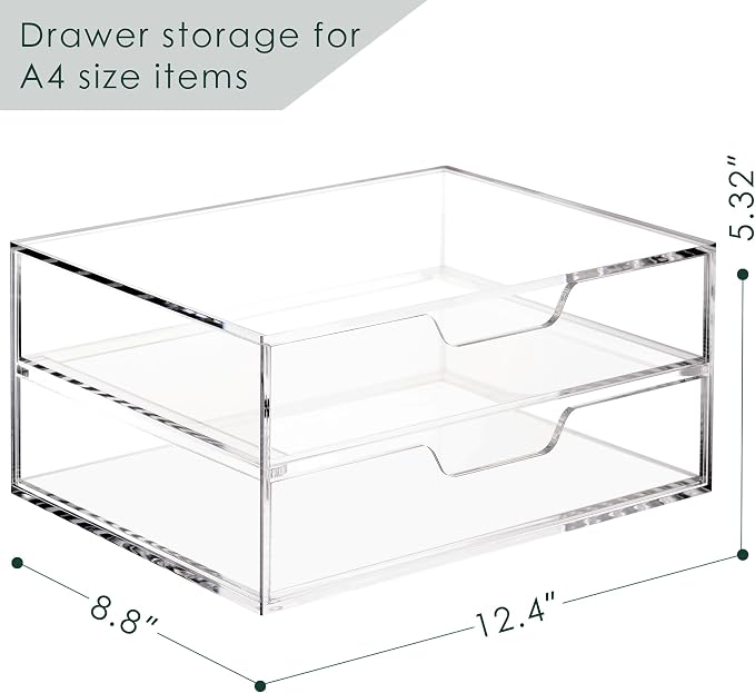 SANRUI 2 Tier Acrylic Desk Organizer with 2-Drawer, Clear File Organizer | 2 Open Drawers, Organize Office Desk Accessories & Sort Pens, Notes, Makeup, Jewelry & Toiletries for Office, Vanity & Bath