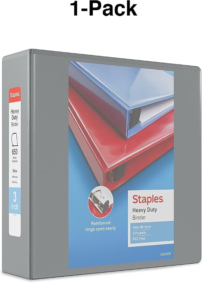 Staples Heavy-Duty 3-Inch D-Ring View Binder, Reinforced Spine, Holds Up to 600 Sheets, Gray, for Office & School