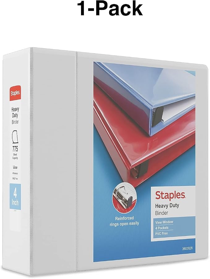 Staples Heavy-Duty 4-Inch D-Ring View Binder, White, 775 Sheets | Extra-large capacity binder for office and school document archiving.