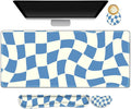 Desk Mat Pad, Gaming Mouse Pad Wrist Support Set, 4 in1 Non-Slip XXL Large Mousepad + Ergonomic Keyboard Wrist Rest+Mouse Wrist Rest+Coaster for Home Office Computer I Blue White Checker