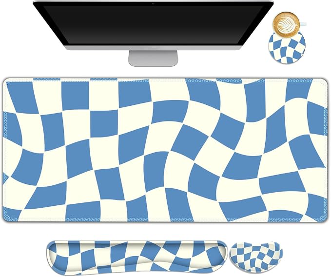 Desk Mat Pad, Gaming Mouse Pad Wrist Support Set, 4 in1 Non-Slip XXL Large Mousepad + Ergonomic Keyboard Wrist Rest+Mouse Wrist Rest+Coaster for Home Office Computer I Blue White Checker