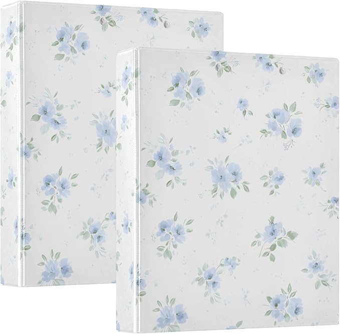 3 Ring Binders Blue Flowers Floral 1.5 Inch Round Ring Binders with Pockets Decorative Clipboard Binder Holds 200 Sheets View Binder for Home School Office,2 Pack