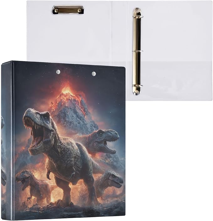 T. Rex Volcano and Dinosaur Binder 3 Ring 1.5 Inch Binder with Clipboard&Pockets, Hardcover Binders Heavy Duty Large File Folder for Office School Supplies - Holds 200 Sheets