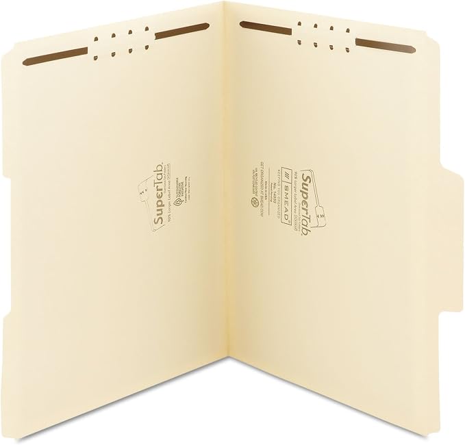 Smead SuperTab® Fastener File Folder, 2 Fasteners, Oversized Reinforced 1/3- Cut Tab, Guide Height, Letter Size, Manila, 50 Each per Box (14535)