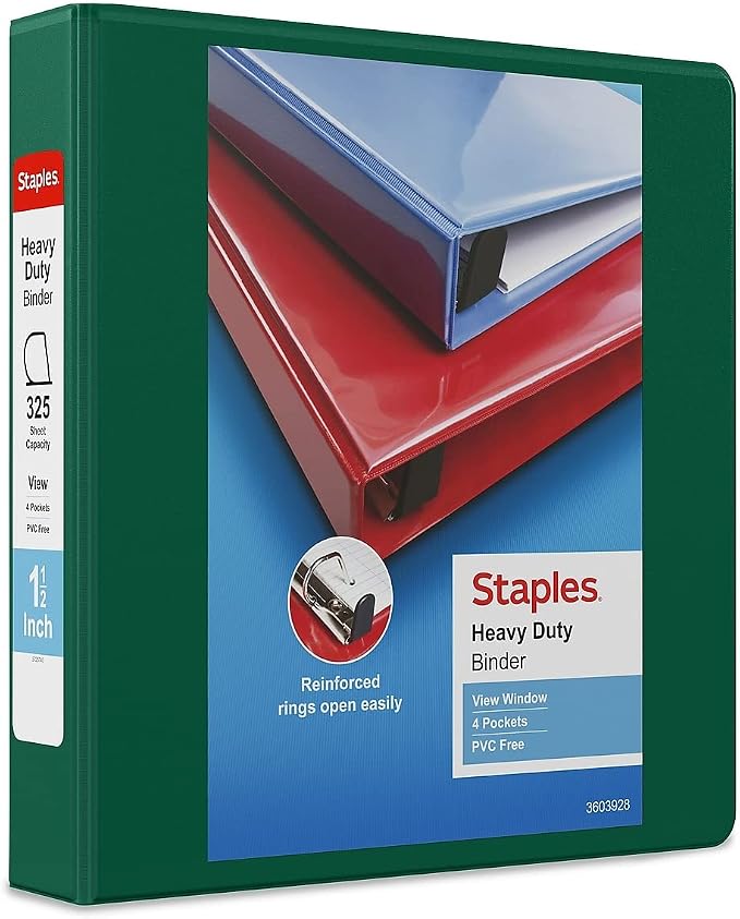 Staples Heavy-Duty 1.5-Inch D-Ring View Binder, Green, 350 Sheets | Reinforced spine for durable everyday use in office and school settings.