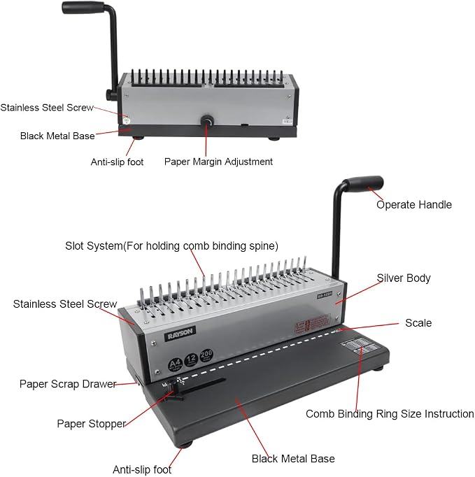 RAYSON SD-1201 21-Hole Comb Binder, 12-Sheet Punch, 200-Sheet Capacity | Manual comb binding machine with a starter comb set, 3-6 mm margin adjustment, and durable metal construction.