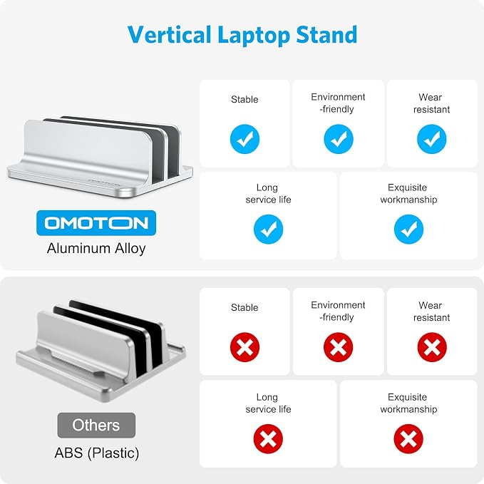 OMOTON Dual Vertical Desk Laptop Stand Holder, Fits MacBook Air/Pro, Silver | Aluminum Laptop Storage Rack for Desk, Adjustable Dock for Up to 17.3 in. Gaming Laptop, Space-Saving Desk Organizer