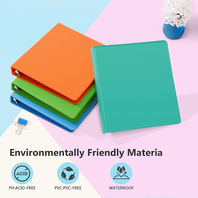ViVin Durable 1 Inch D Ring Binders with 2 Pockets, 6 Pack, Assorted | 3 Ring Binders with Clear View Cover, Hold 225 Sheets of US Letter Size Paper, PVC-Free for Office, Home, School