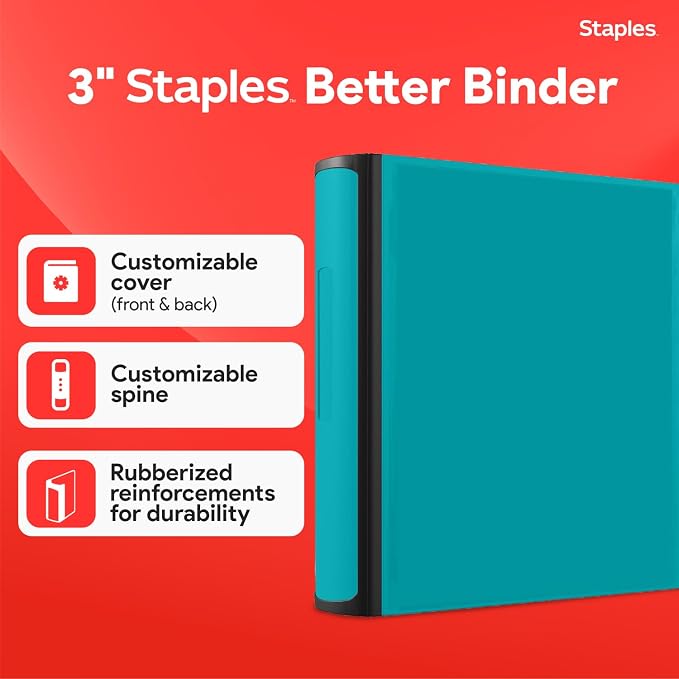Staples Better Binder, 2-Inch D-Ring View, Teal, Holds 540 Sheets | Reinforced spine for durable everyday use in office and school settings.