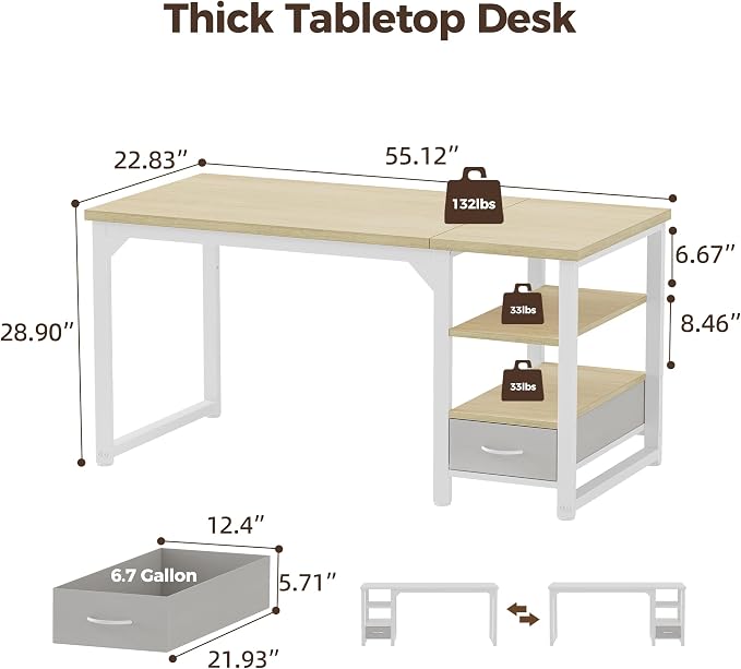 54 in Computer Desk with Drawer, 1" Thick Reversible Office Desk | Large Modern Writing Table with Storage Shelves, Heavy Duty Industrial Executive Desk for Home Bedroom Study Work