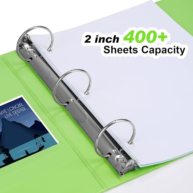 COMIX Sturdy Standard 2 Inch 3 Ring Binder with Clear View Cover | 2"Round Ring,PVC-Free,Holds 400 Letter Sheets,Morandi Multicolor for Students & Office,6 Pack (Light Green)