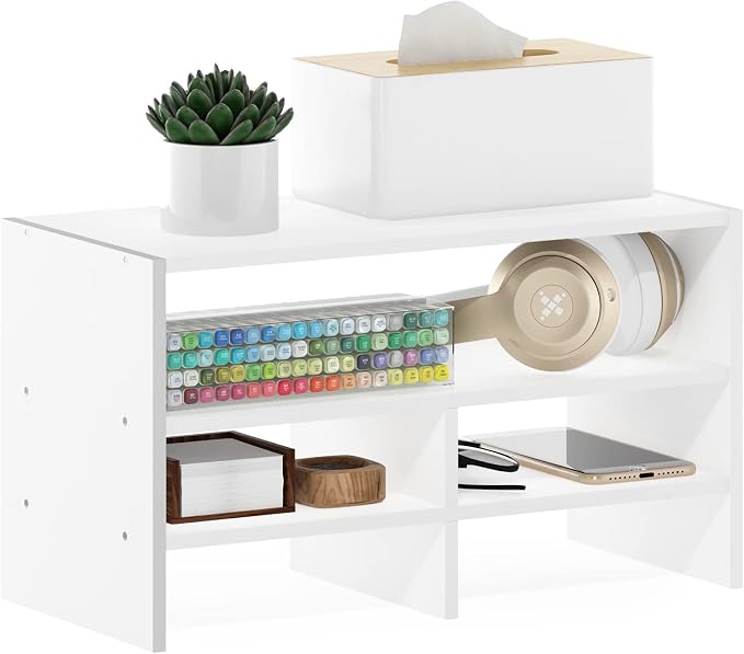 Furinno Hermite Desk Top Organizing Shelf Bookcase, White | Desktop Office Organization Racks with Open Shelves, Desk Top Display Book Shelf, for Paper, Office Supplies, Magazine