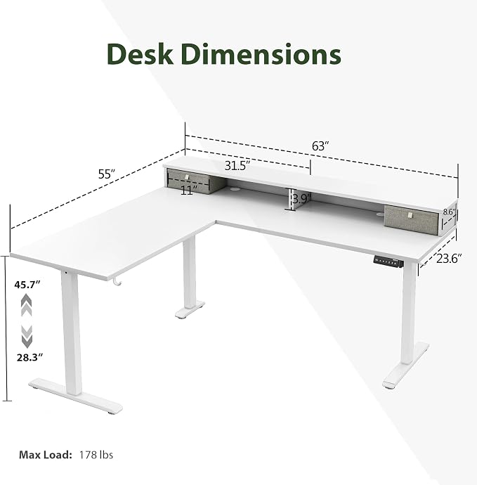 Agilestic 63 Inch L Shaped Electric Standing Desk with Drawer, White | 2 Stroage Drawers, Monitor Shelf, Corner Desk, Ample Workspace, Memory Presets, Hooks, Stable Steel Frame,176 lbs