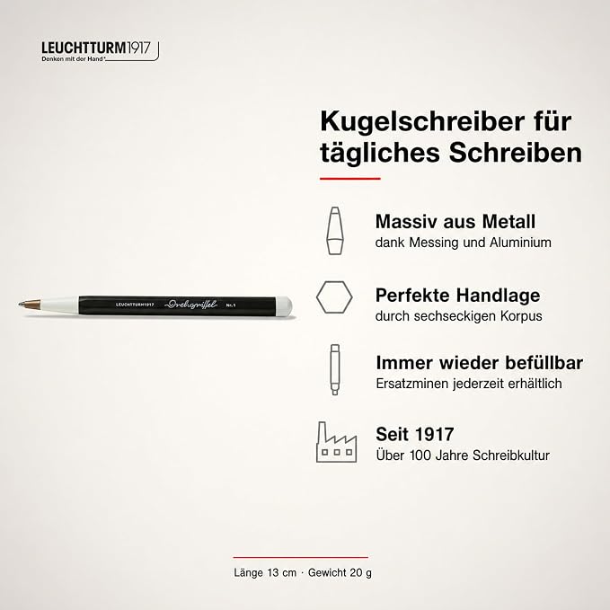 LEUCHTTURM1917 - Drehgriffel Writing Pen (Black) - Ballpoint Pen with Royal Blue Ink Included