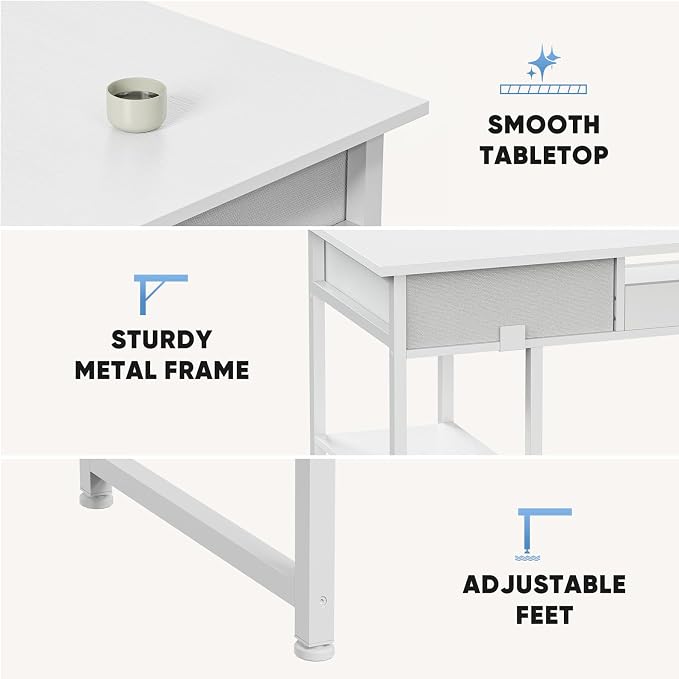 DUMOS 48-Inch Computer Desk with Drawers and Hook, White | Home Office Desk for Bedroom, Gaming Writing Study Desk with Adjustable Feet